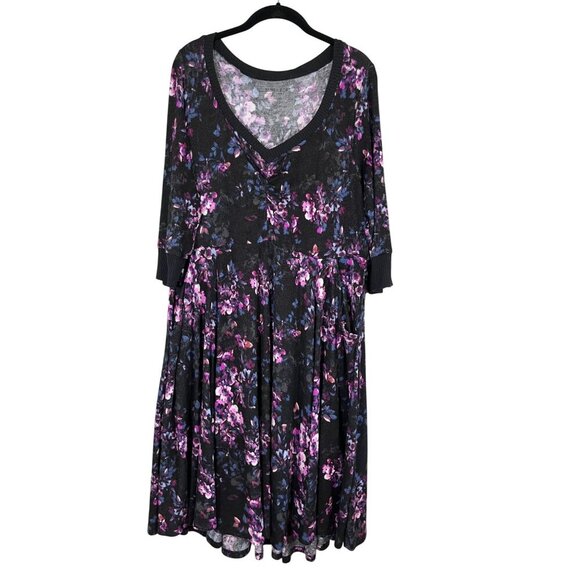 Torrid Dress 1X Black Sweater Skater Floral Midi Tropical 80s Retro Feminine - Picture 1 of 15